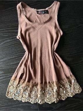 Licorice Brown Ribbed Tank Top with Sequin Embellished Lace Hem